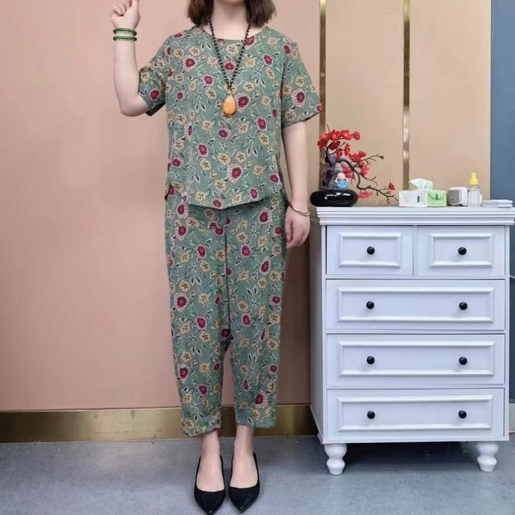 棉麻夏季氣質媽媽套裝