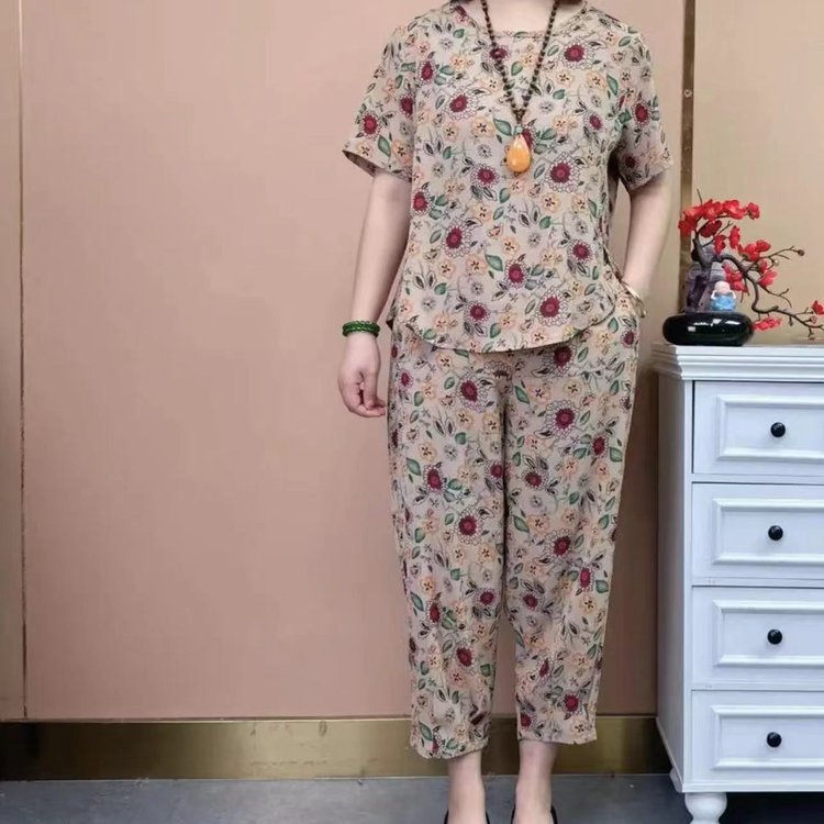 棉麻夏季氣質媽媽套裝