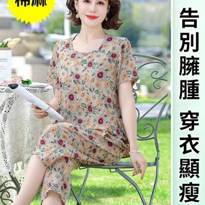 棉麻夏季氣質媽媽套裝