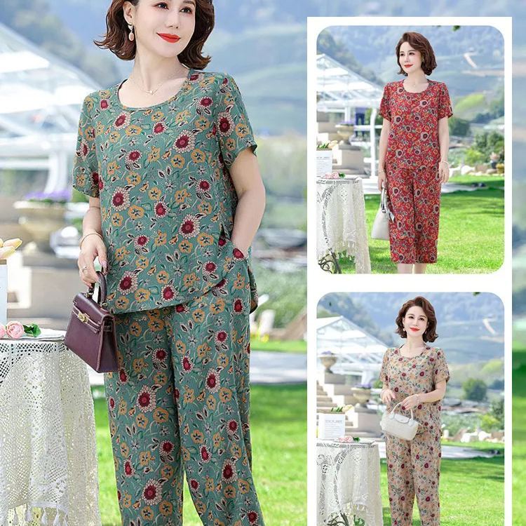 棉麻夏季氣質媽媽套裝