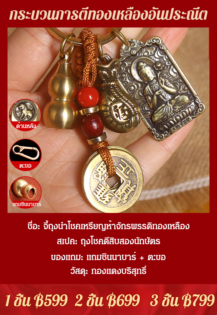 【อวยพรและความมั่งคั่ง】จี้ถุงนำโชคเหรียญห้าจักรพรรดิทองเหลือง