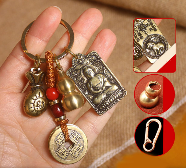 【อวยพรและความมั่งคั่ง】จี้ถุงนำโชคเหรียญห้าจักรพรรดิทองเหลือง