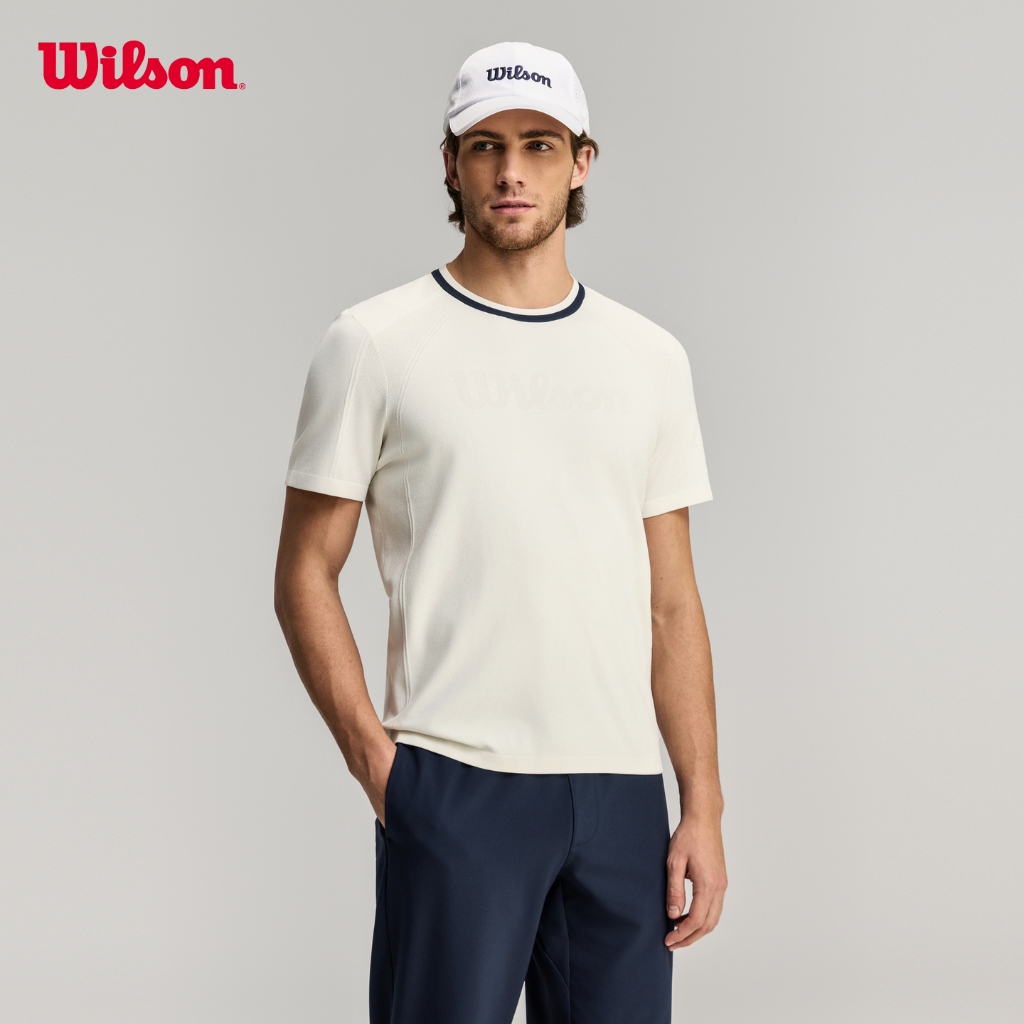 Wilson Men Center Flyknit Tee V2 Tennis Training Stretchable T-Shirt Port Royale/Sandrift WN00096
