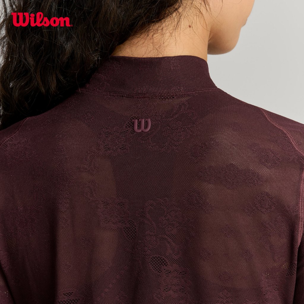 Wilson Women All Day Mockneck Lace Tennis Top White/Red Long Sleeve 4-Way Stretch WE00044