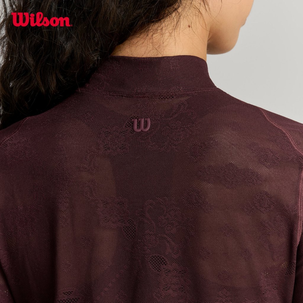 Wilson Women All Day Mockneck Lace Tennis Top White/Red Long Sleeve 4-Way Stretch WE00044