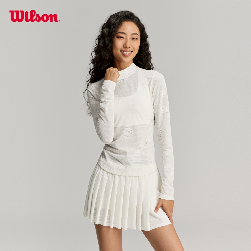 Wilson Women All Day Mockneck Lace Tennis Top White/Red Long Sleeve 4-Way Stretch WE00044