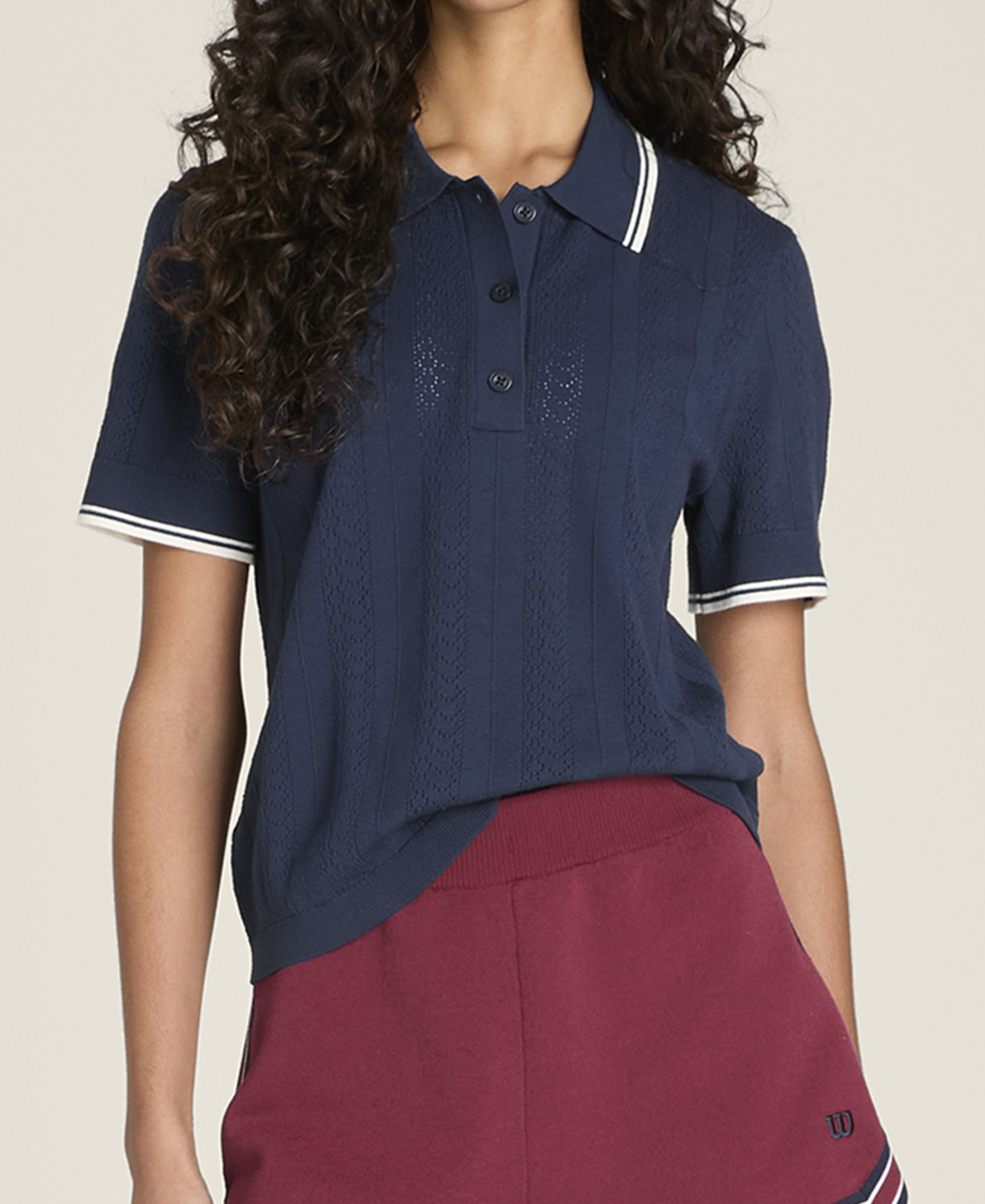 W ADDISON KNIT POLO POINTELLE CL NVY