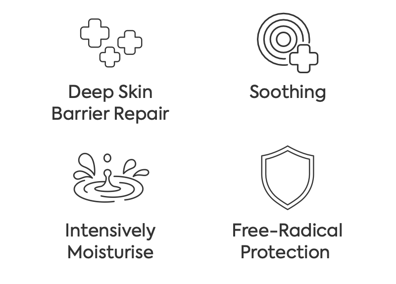 Icons highlighting the benefits of Lulabeam Daily Ceramide Cream Mist: Deep Skin Barrier Repair, Soothing, Intensively Moisturising, and Free-Radical Protection