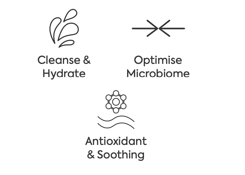 Key benefits of Multivitamin Gentle Foam Wash by Lulabeam: cleanse and hydrate for refreshed skin, optimize microbiome balance for healthier skin, and provide antioxidant and soothing properties to calm and protect the skin