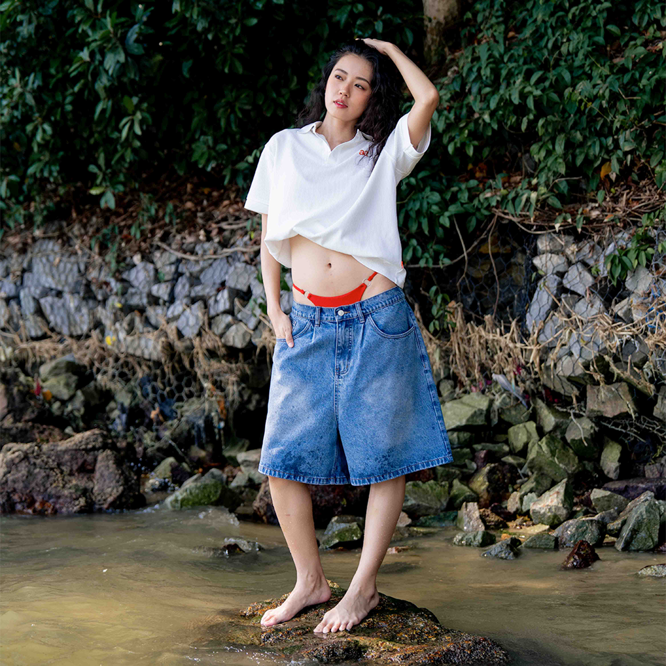 A.A Pleated Light Blue Denim Shorts