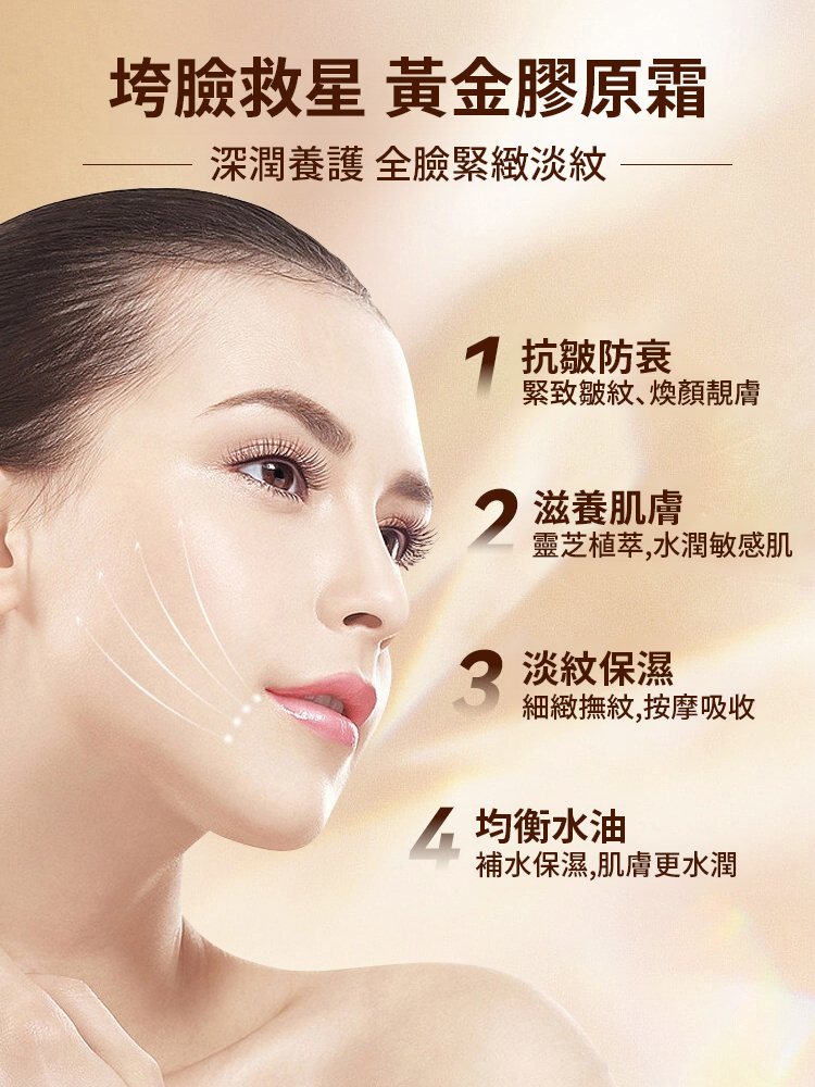 台灣 30 天爆賣 29.8 萬 +！向美博士黃金膠原蛋白抗皺霜，含黑靈芝、三肽 - 1、乙醯基六肽 - 8 等核心成分，撫平八大皺紋。97% 淡化細紋、91% 緊緻彈潤，無添加敏肌適用，補水保濕還提亮