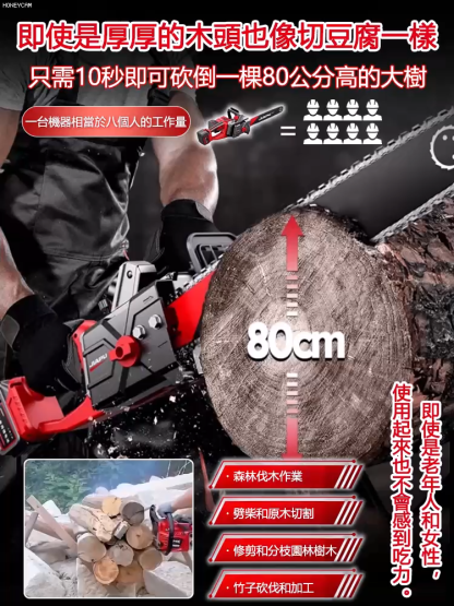 台灣爆款大功率電鏈鋸！德國技術升級，無刷全銅電機最大 9880W 功率，15 秒砍倒 70cm 樹木。雙 20000mAh 鋰電池續航 30-50 分，进口金鏈抗震耐磨，合金導桿 + 防滑握把操作省力