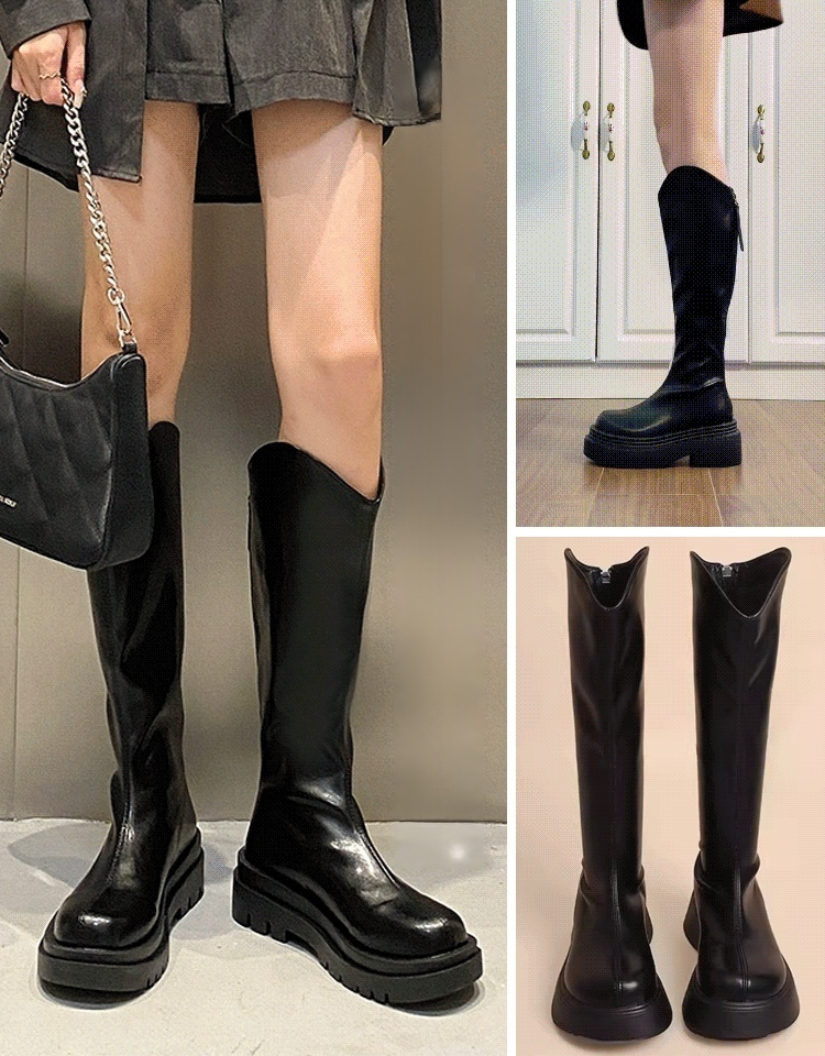 V口厚底顯瘦小羊皮騎士靴