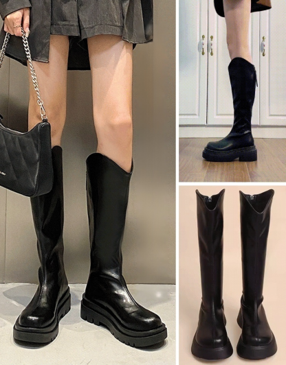 V口厚底顯瘦小羊皮騎士靴