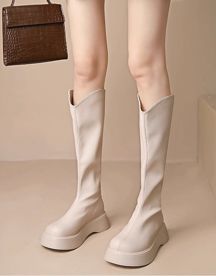 V口厚底顯瘦小羊皮騎士靴