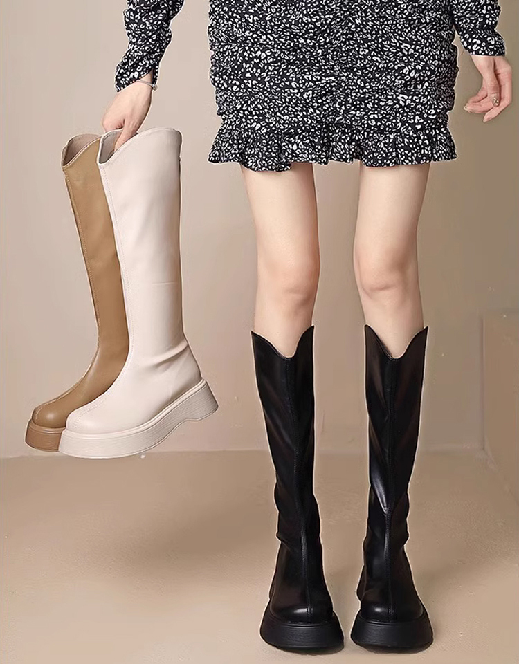 V口厚底顯瘦小羊皮騎士靴