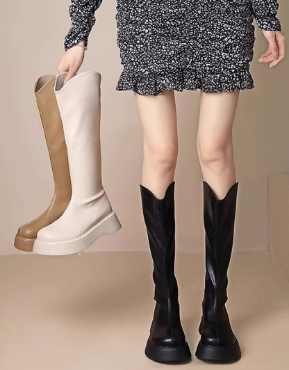 V口厚底顯瘦小羊皮騎士靴