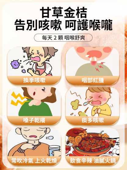 【咽喉伴侶】優選北緯 24°~26° 金桔，搭配枇杷、甘草等真材實料，低溫慢烘鎖鮮，果肉飽滿回甘