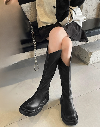 V口厚底顯瘦小羊皮騎士靴