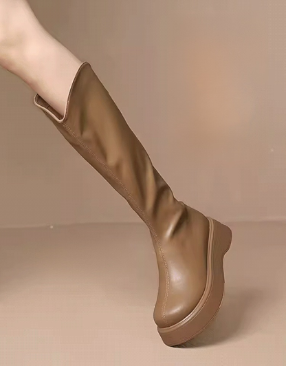 V口厚底顯瘦小羊皮騎士靴