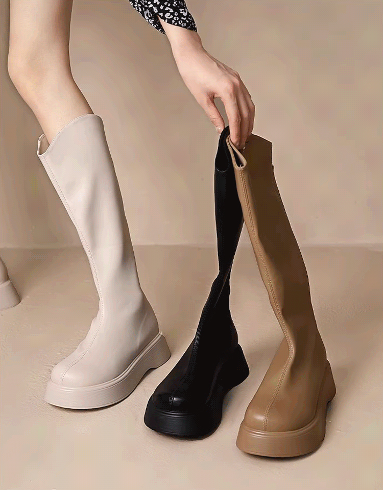 V口厚底顯瘦小羊皮騎士靴