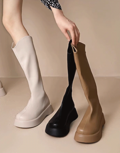 V口厚底顯瘦小羊皮騎士靴