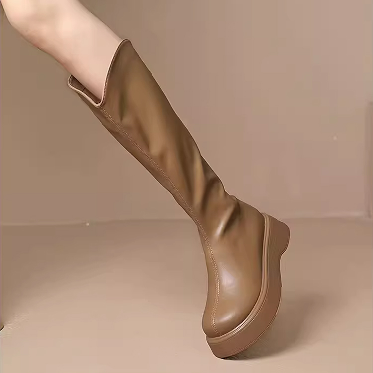 V口厚底顯瘦小羊皮騎士靴