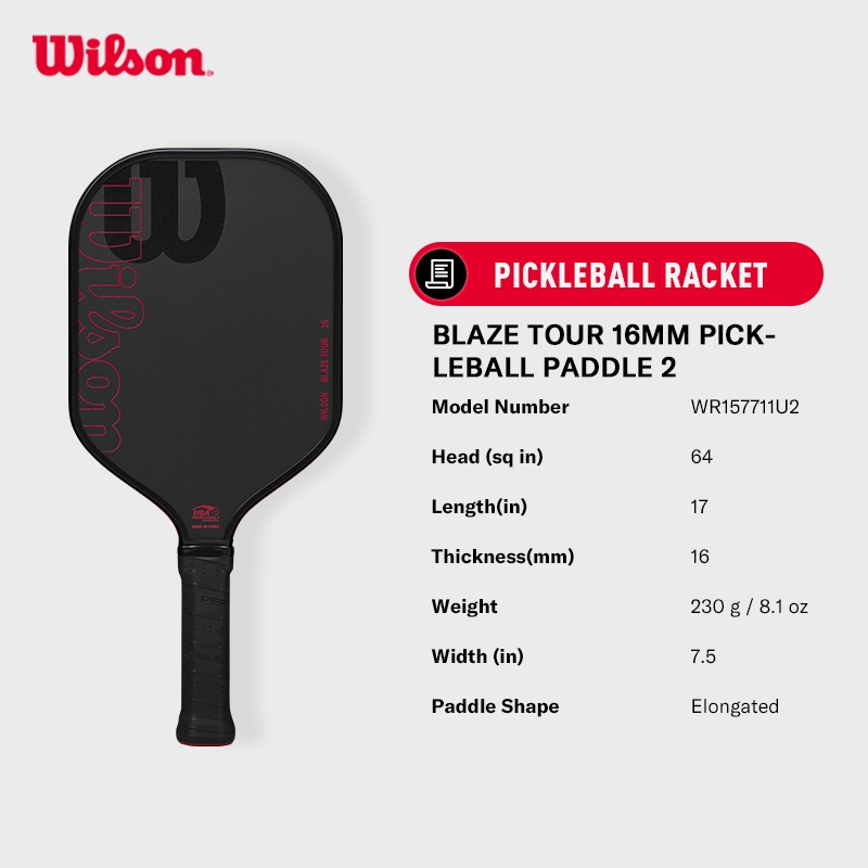 WILSON Blaze Tour 16Mm Elongate Pickleball Paddle 2 Black/Red