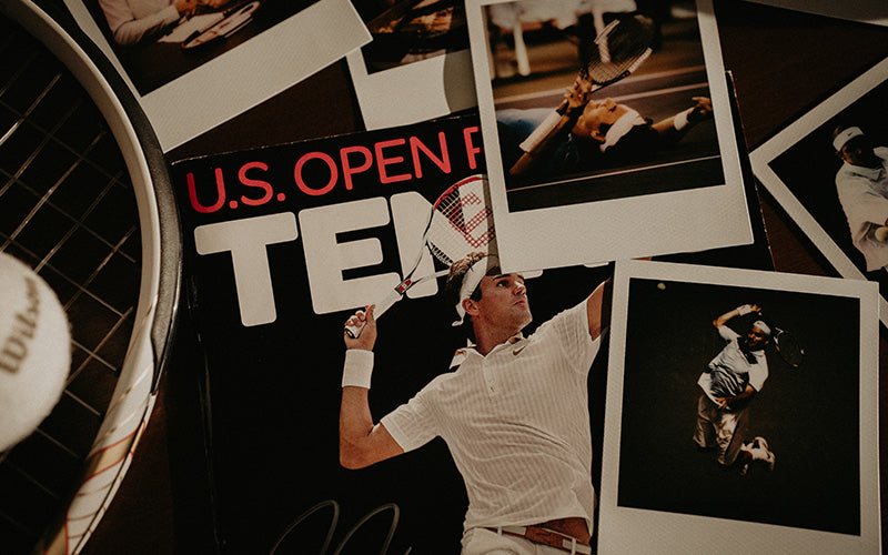 Compilation of images laid out on a dark background featuring shots from Roger's career