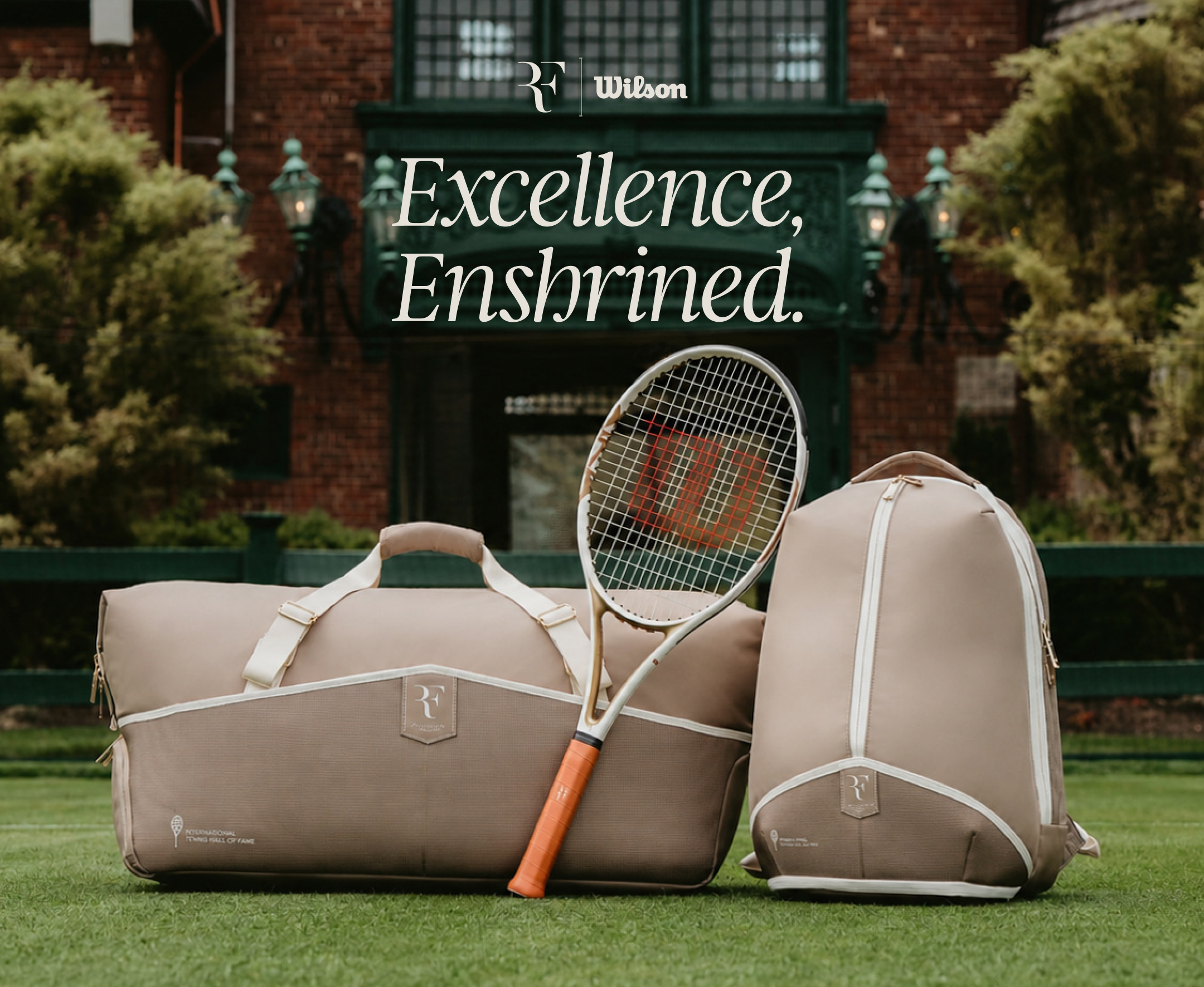 Wilson RF Hall of Fame Collection racket, backpack and duffel on a tennis court