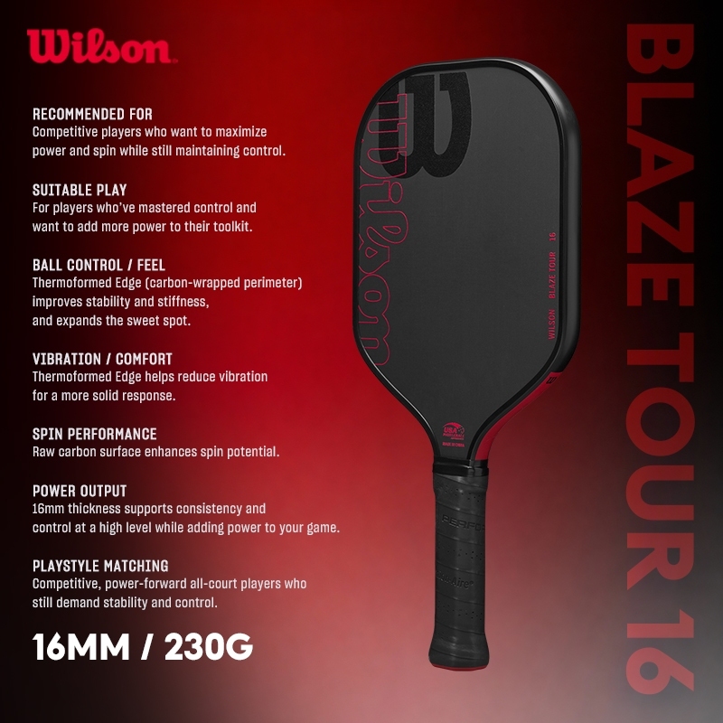 WILSON Blaze Tour 16Mm Elongate Pickleball Paddle 2 Black/Red