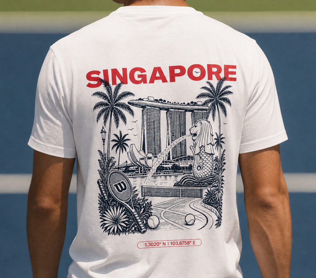 Model wearing the Wilson Singapore limited-edition T-shirt
