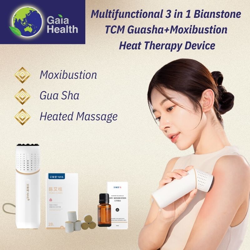 The main hero image features the Gaia BianStone Moxibustion Heat Therapy Device, a professional-grade 3-in-1 TCM home solution designed for powerful, lasting chronic pain relief. The ergonomic, handheld device highlights the authentic heated Bian Stone head, ready for effective Gua Sha massage, seamlessly combining with controlled Mugwort Moxibustion heat to dispel body coldness, reduce muscle stiffness, and significantly boost circulation and overall health, offering an affordable alternative to TCM visits