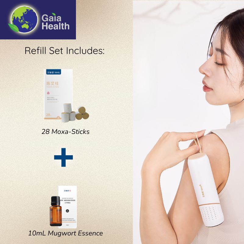 	High-value photo of the complete Gaia BianStone Moxibustion Refill Kit, clearly displaying a full 28-stick Mugwort Moxa supply and the Mugwort Essential Oil. This kit ensures long-term, uninterrupted TCM self-care, supporting consistent Gua Sha and heat therapy essential for managing chronic pain and avoiding interruptions in treatment.