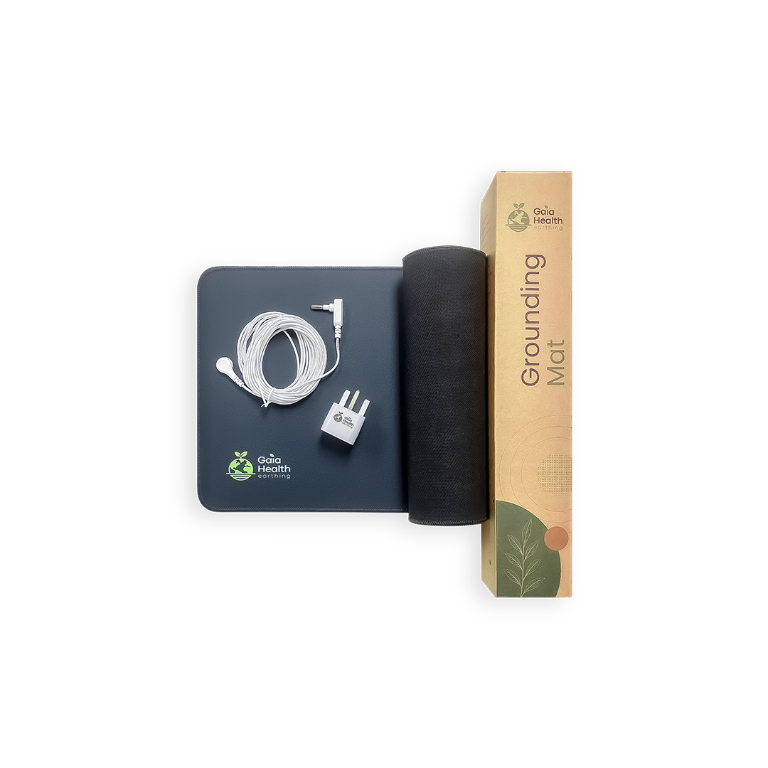 Gaia grounding mat pictured with grounding cord, plug and packaging