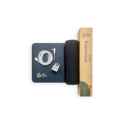 Gaia grounding mat pictured with grounding cord, plug and packaging