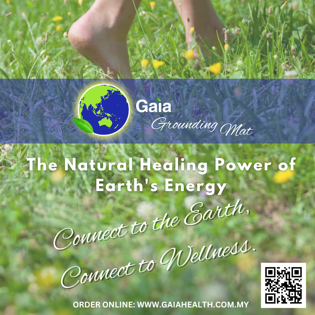 Indoor Touching Green Concept: Gaia Grounding/Earthing Mat. A close-up image showing a foot on the Gaia Grounding Mat, demonstrating its direct skin contact. This mat connects you with the Earth's electrons, providing health benefits like stress relief, improved immunity, and better sleep through grounding. Natural healing power of earth's energy. Connect to earth, connect to wellness. 
