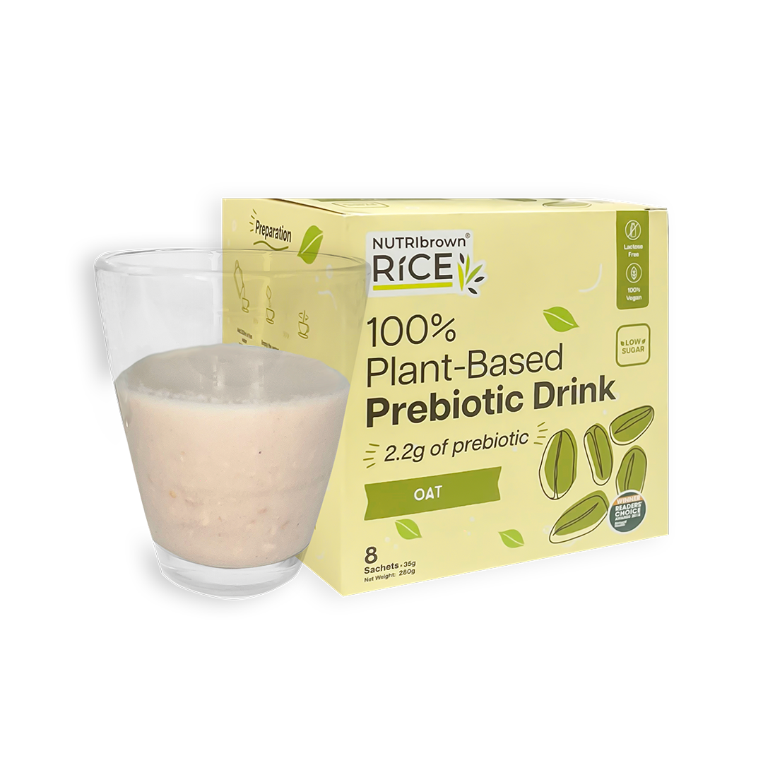Nutribrown Rice Oat prebiotic drink box with a prepared glass of the drink