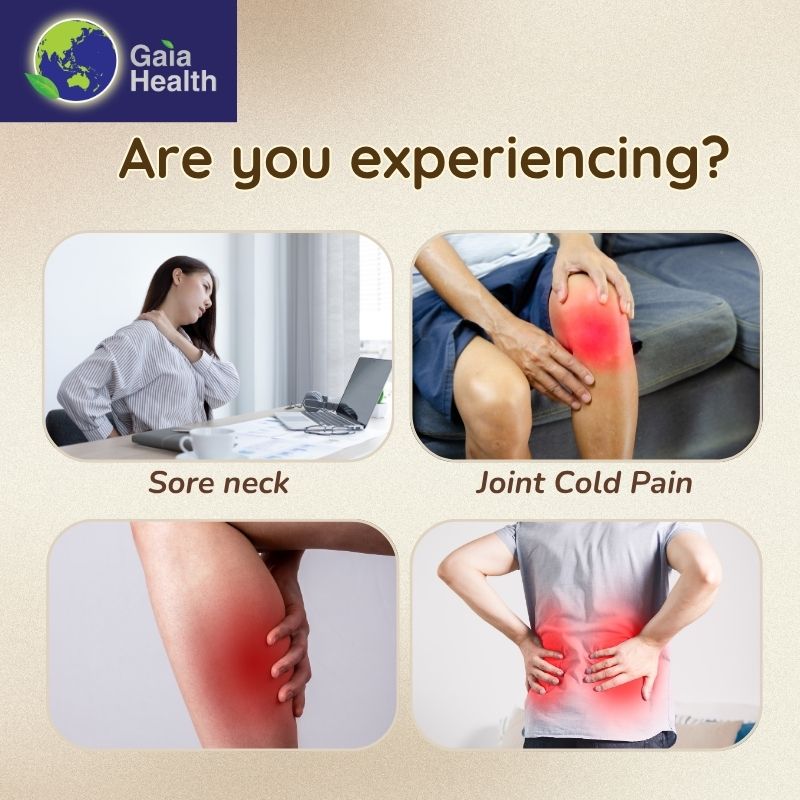 Informative graphic illustrating common areas of joint pain and stiffness, including the knees, shoulders, neck, and lower back. The Gaia BianStone Moxibustion Heat Therapy Device is the ideal solution for targeted pain relief in all these areas, utilizing deep-penetrating TCM heat to dispel coldness and reduce inflammation in joints.