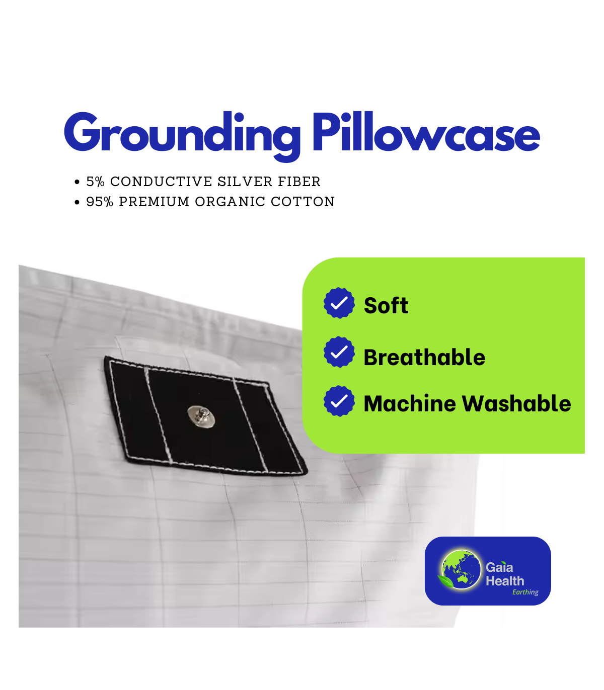 Earthing Pillowcase with EMF Protection – Soft Cotton & Silver Fiber | Improves Sleep – Includes SG Safety Plug Adapter