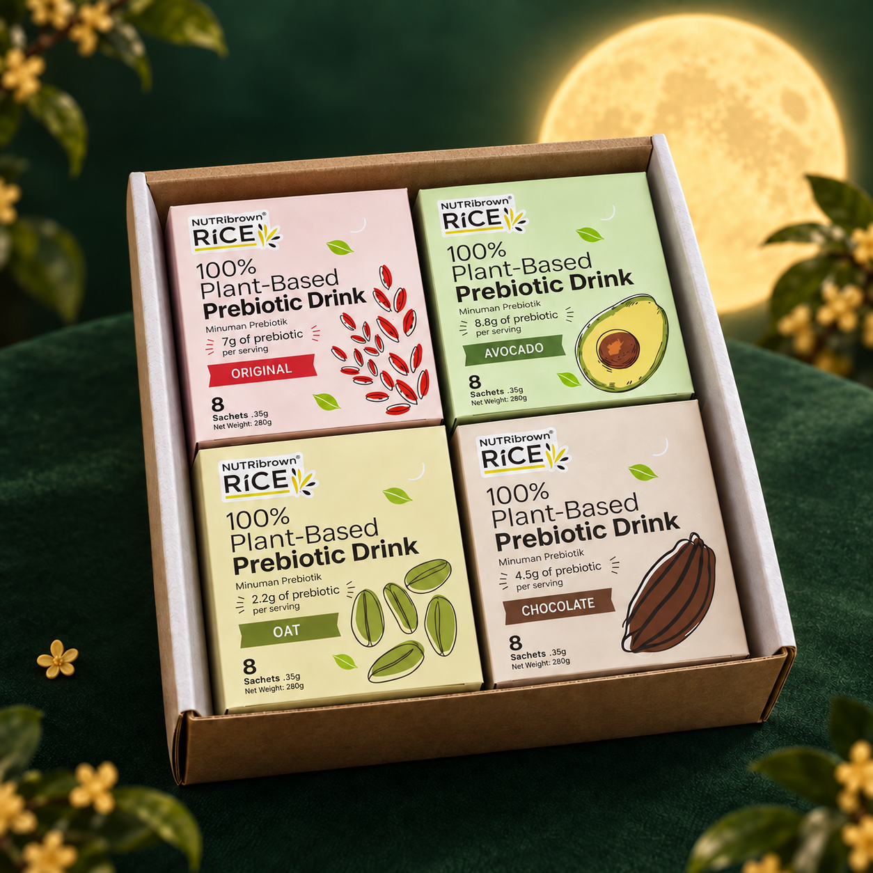 Nutribrown Rice Reunion Gift Set: Original, Avocado, Oat and Chocolate in a kraft carton with its lid folded out of view.