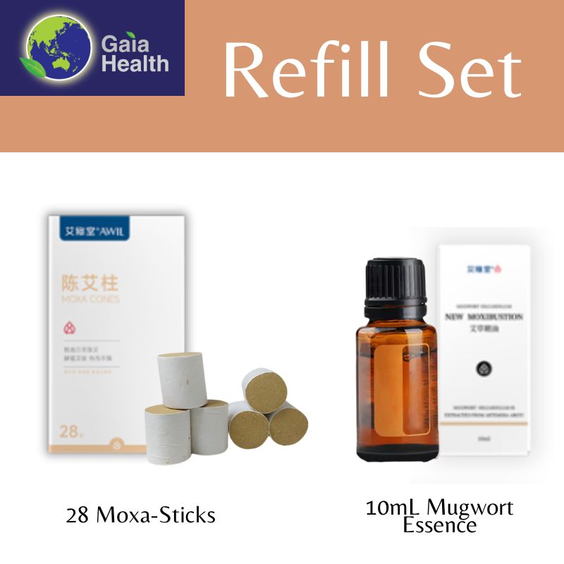 Gaia BianStone Moxibustion Refill Kit contents, clearly showing the 28 Mugwort Moxa Sticks and the bottle of Mugwort Essential Oil. This kit is essential for maintaining consistent TCM heat therapy and Gua Sha for chronic pain and dampness.
