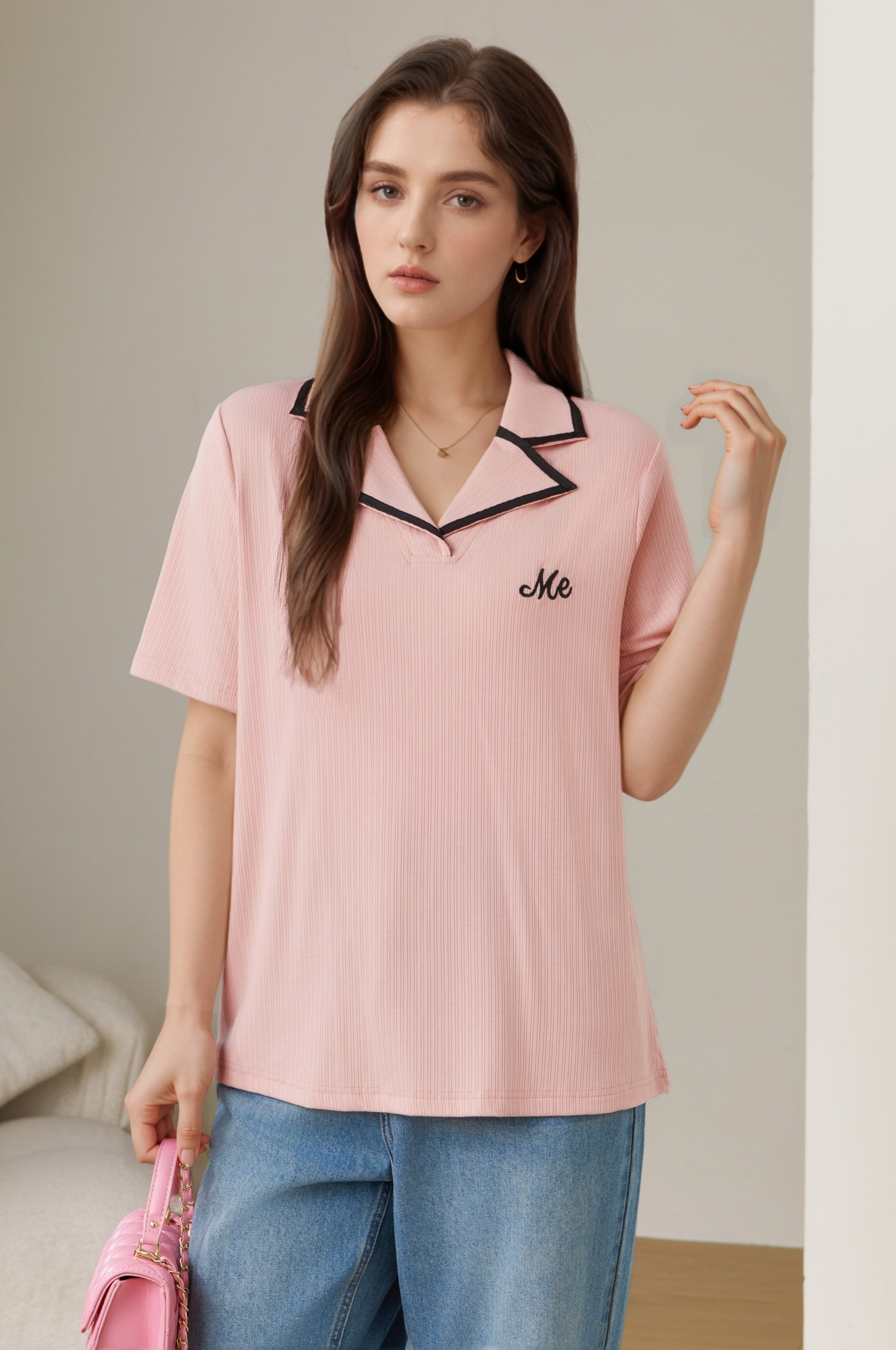 Color-Block Turn-Down Collar Knitted T-Shirt DXZ1638