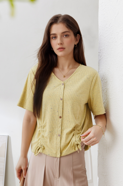 Drawstring Pleated V-neck Knit Top EXZ3038