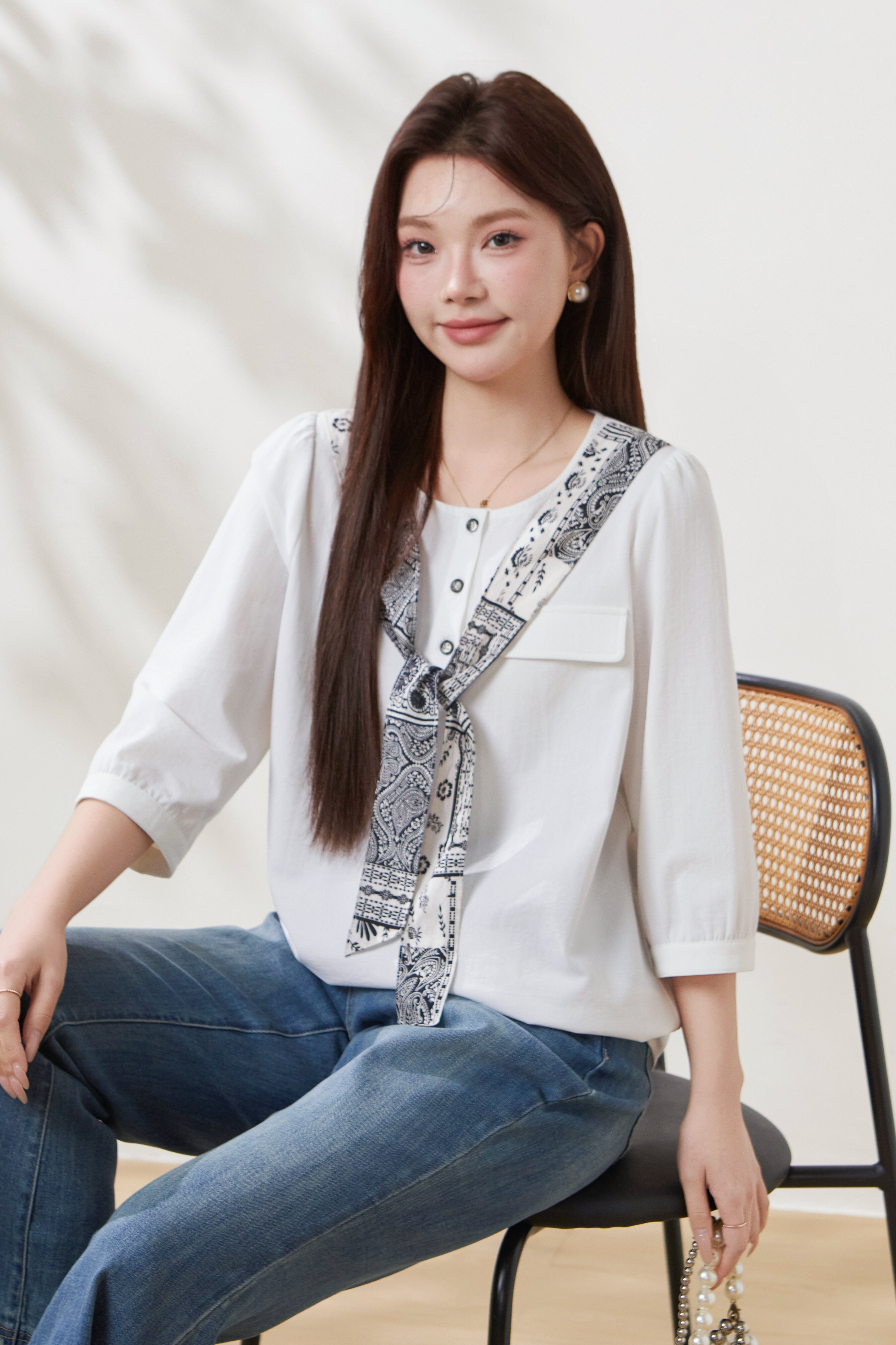 Printed shawl with ribbon, imitation cotton-linen blouse FCA6925