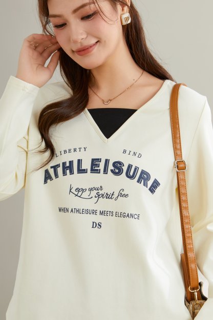 Fake Two-Piece V-Neck Letter Print Long Sleeve T-Shirt ECZ2537