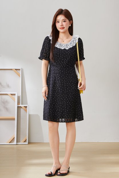 Round Neck Lace Trim Floral Dress EXQ5556