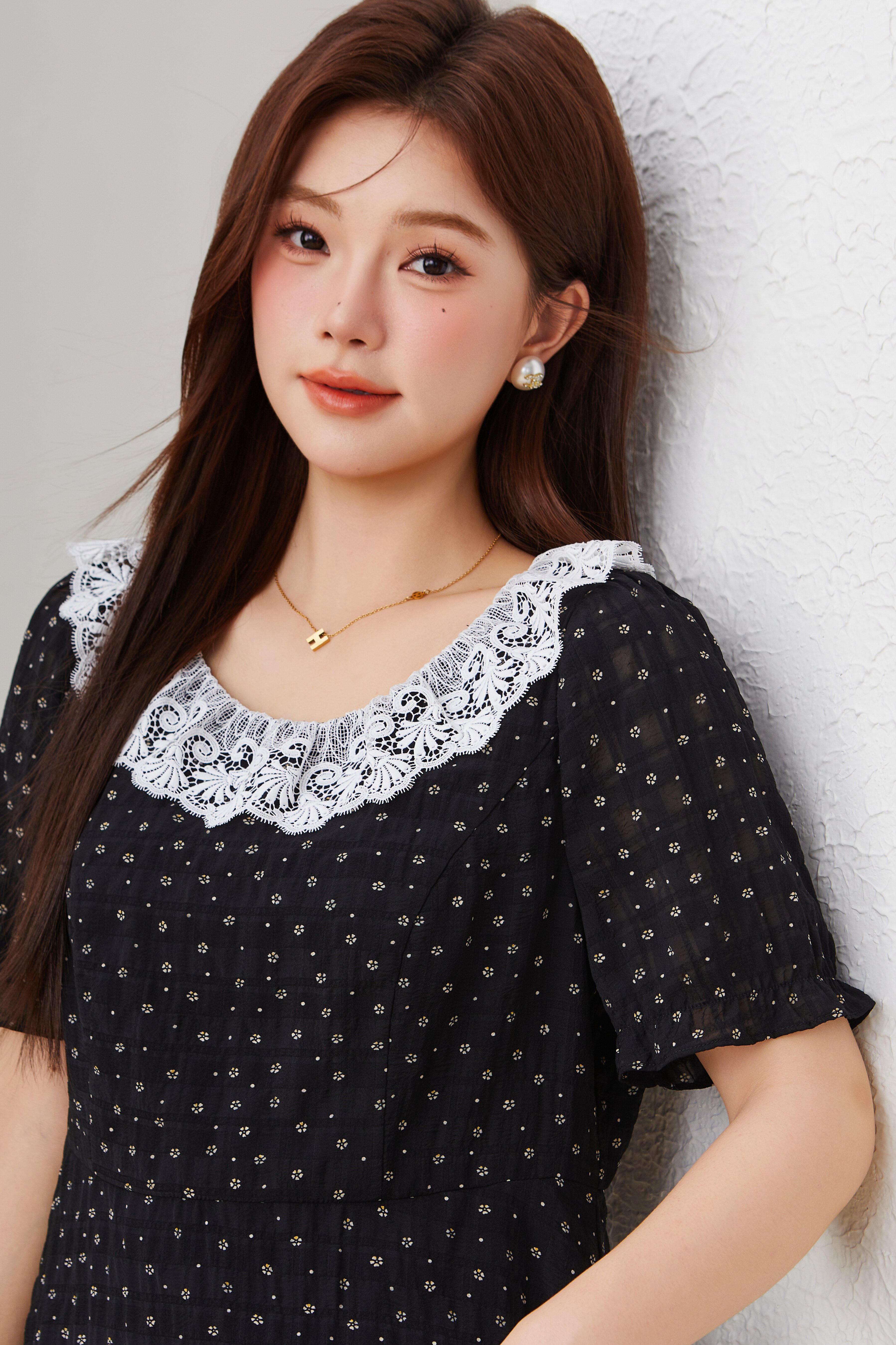 Round Neck Lace Trim Floral Dress EXQ5556