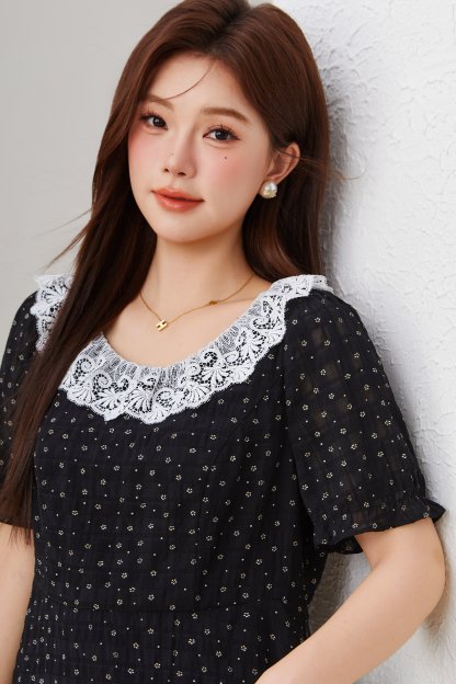 Round Neck Lace Trim Floral Dress EXQ5556