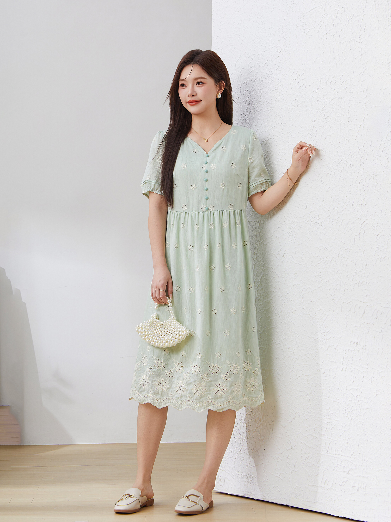 Embroidered Small V-neck Elegant Dress EXQ5086